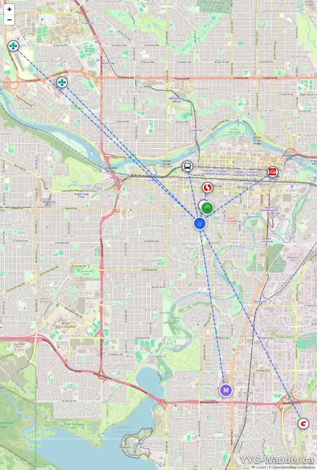 Daily accessibility map for 912 DURHAM AV SW, Calgary showing nearby schools, grocery stores, parks, LRT stations and nearby amenities