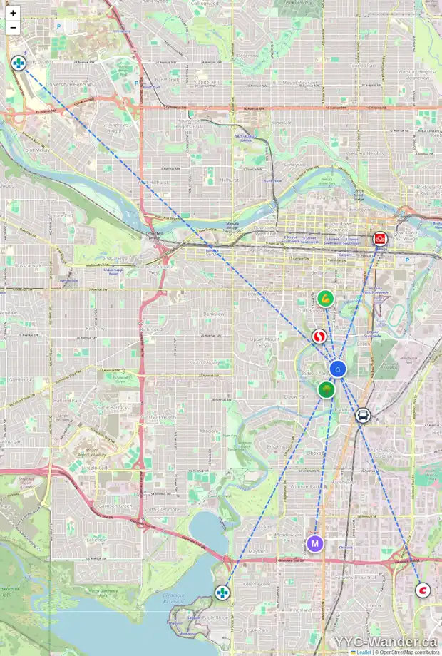 Daily accessibility map for 3228 2 ST SW, Calgary showing nearby schools, grocery stores, parks, LRT stations and nearby amenities