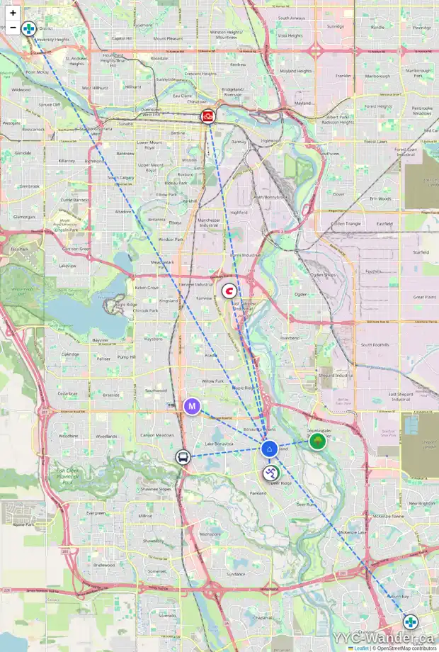 Daily accessibility map for 507 QUEENSLAND DR SE, Calgary showing nearby schools, grocery stores, parks, LRT stations and nearby amenities