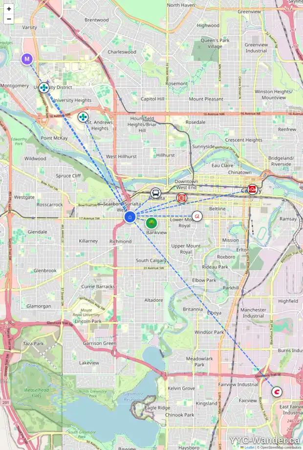 Daily accessibility map for 1611 SUMMIT ST SW, Calgary showing nearby schools, grocery stores, parks, LRT stations and nearby amenities