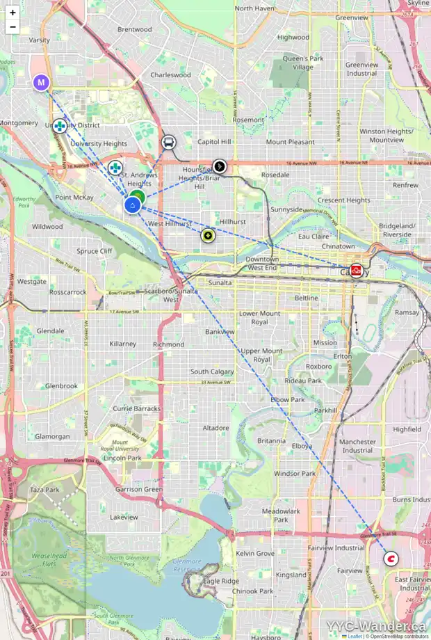 Daily accessibility map for 2832 7 AV NW, Calgary showing nearby schools, grocery stores, parks, LRT stations and nearby amenities