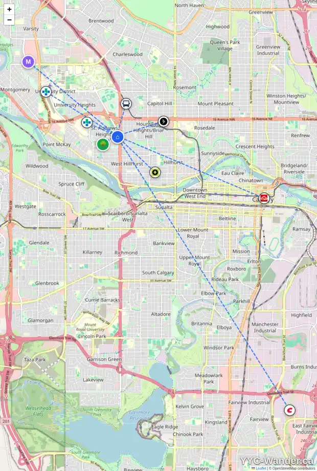 Daily accessibility map for 1302 HAMILTON ST NW, Calgary showing nearby schools, grocery stores, parks, LRT stations and nearby amenities