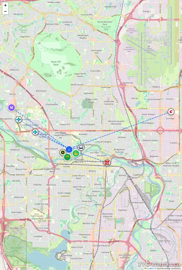 Daily accessibility map for 310 16 ST NW, Calgary showing nearby schools, grocery stores, parks, LRT stations and nearby amenities