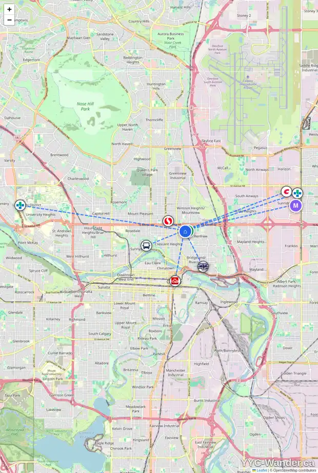 Daily accessibility map for 531 14 AV NE, Calgary showing nearby schools, grocery stores, parks, LRT stations and nearby amenities