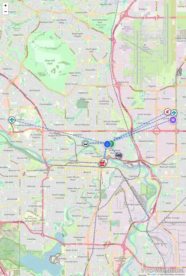 Daily accessibility map for 812 4 ST NE, Calgary showing nearby schools, grocery stores, parks, LRT stations and nearby amenities