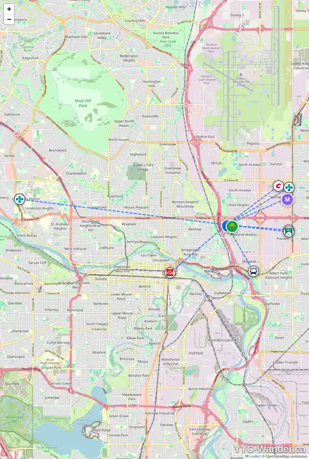 Daily accessibility map for 1427 16 ST NE, Calgary showing nearby schools, grocery stores, parks, LRT stations and nearby amenities