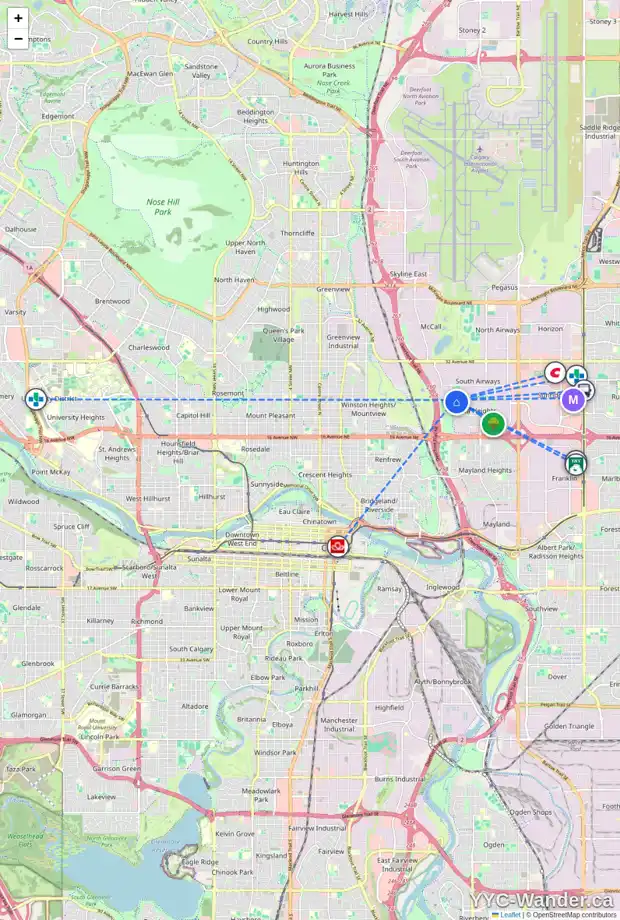 Daily accessibility map for 1703 24 AV NE, Calgary showing nearby schools, grocery stores, parks, LRT stations and nearby amenities