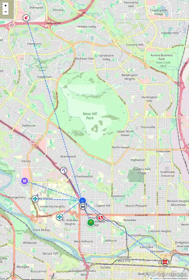 Daily accessibility map for 2455 23 ST NW, Calgary showing nearby schools, grocery stores, parks, LRT stations and nearby amenities