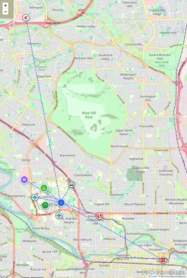 Daily accessibility map for 3035 UNDERHILL DR NW, Calgary showing nearby schools, grocery stores, parks, LRT stations and nearby amenities