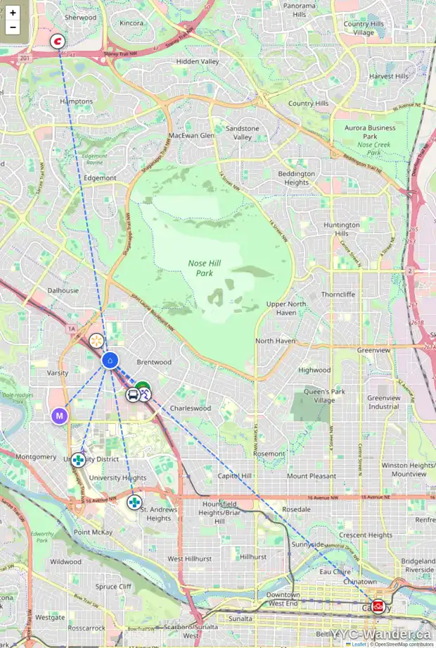 Daily accessibility map for 4448 BRENTWOOD GR NW, Calgary showing nearby schools, grocery stores, parks, LRT stations and nearby amenities