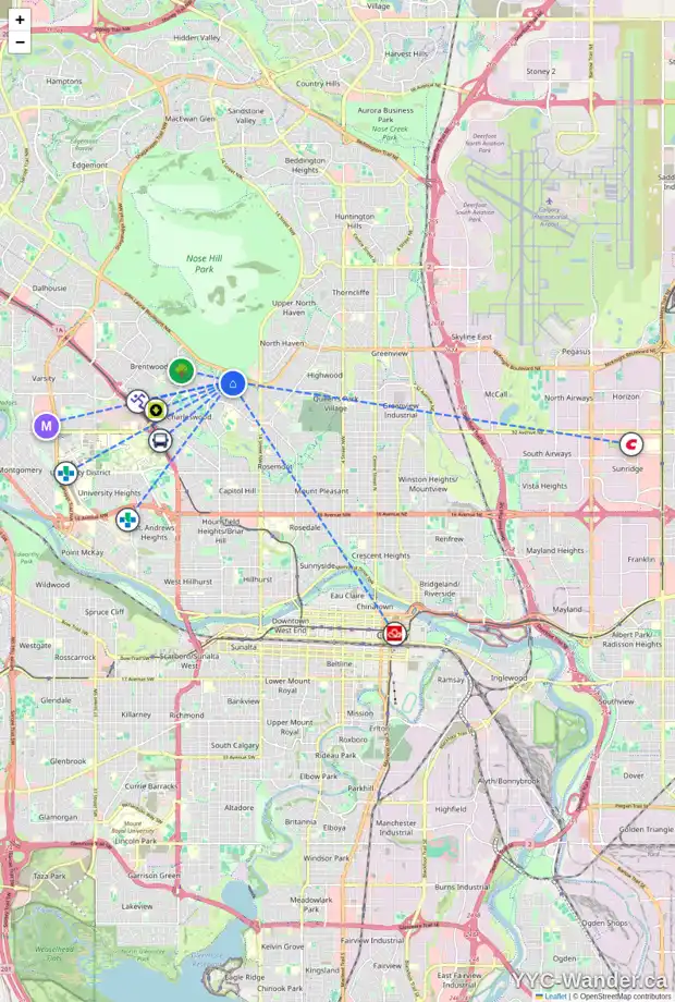Daily accessibility map for 1832 CAYUGA DR NW, Calgary showing nearby schools, grocery stores, parks, LRT stations and nearby amenities