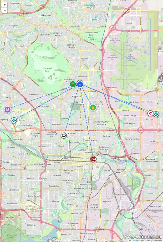 Daily accessibility map for 523 THORNEYCROFT DR NW, Calgary showing nearby schools, grocery stores, parks, LRT stations and nearby amenities
