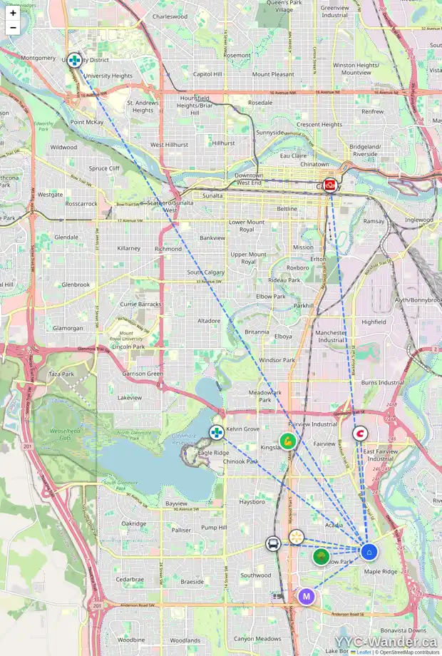 Daily accessibility map for 802 MAPLEWOOD CR SE, Calgary showing nearby schools, grocery stores, parks, LRT stations and nearby amenities