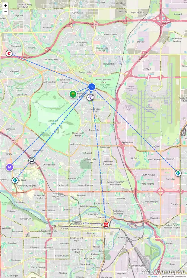 Daily accessibility map for 52 BERNARD CL NW, Calgary showing nearby schools, grocery stores, parks, LRT stations and nearby amenities