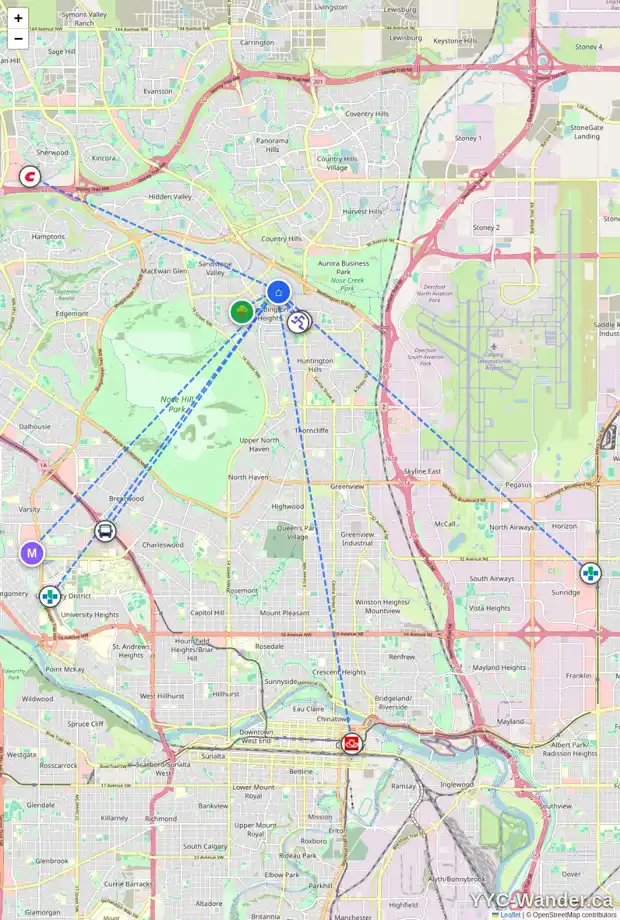 Daily accessibility map for 215 BERNARD DR NW, Calgary showing nearby schools, grocery stores, parks, LRT stations and nearby amenities