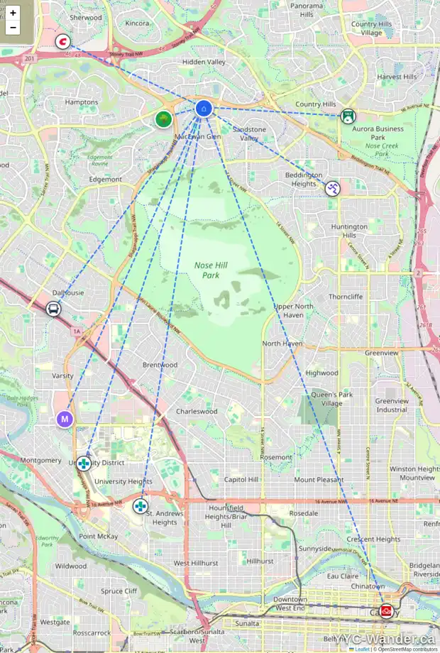Daily accessibility map for 739 MACEWAN VALLEY RD NW, Calgary showing nearby schools, grocery stores, parks, LRT stations and nearby amenities