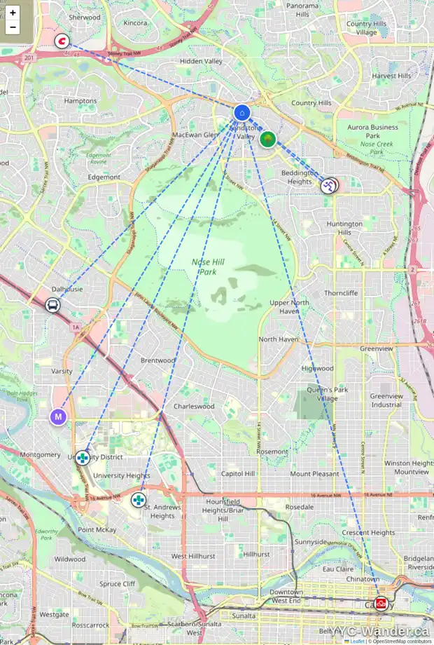 Daily accessibility map for 208 SANDALWOOD PL NW, Calgary showing nearby schools, grocery stores, parks, LRT stations and nearby amenities