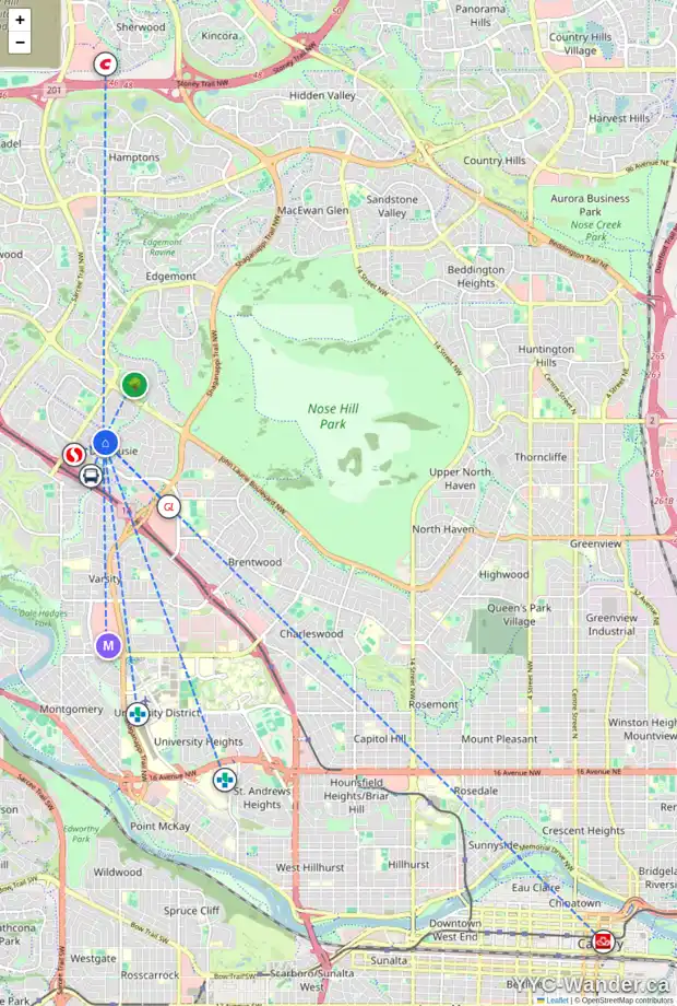 Daily accessibility map for 5868 DALFORD HL NW, Calgary showing nearby schools, grocery stores, parks, LRT stations and nearby amenities