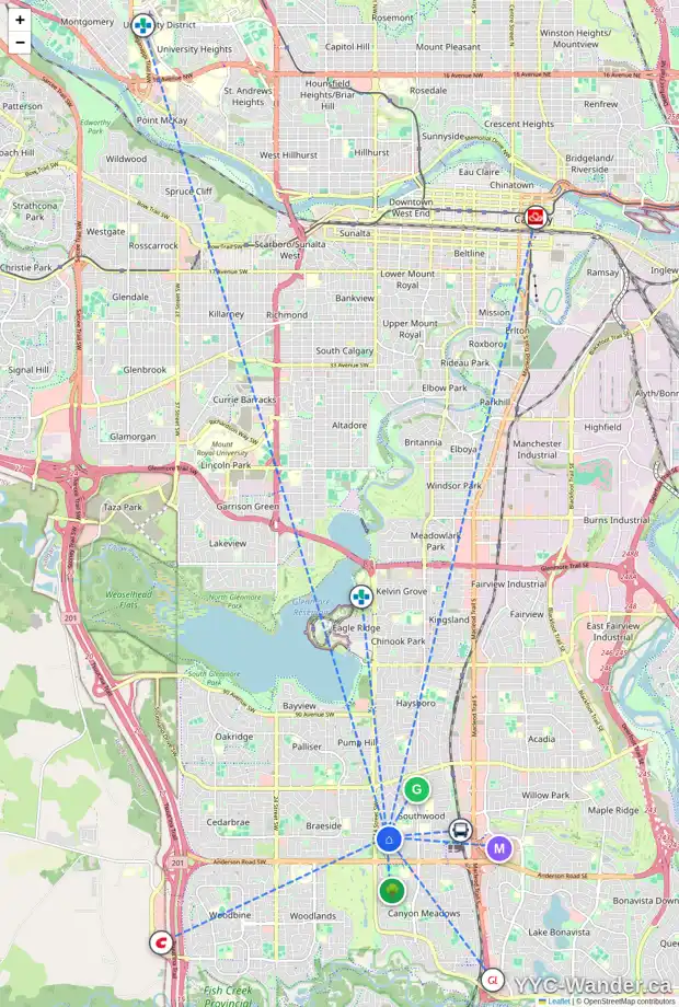 Daily accessibility map for 11032 SOUTHDALE RD SW, Calgary showing nearby schools, grocery stores, parks, LRT stations and nearby amenities