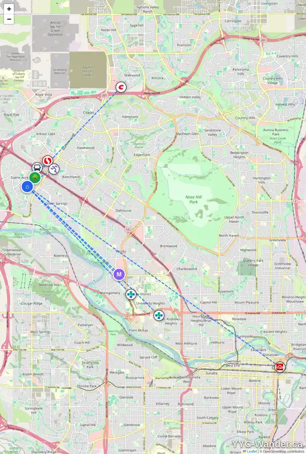 Daily accessibility map for 243 SCENIC PARK PL NW, Calgary showing nearby schools, grocery stores, parks, LRT stations and nearby amenities