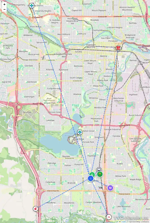 Daily accessibility map for 1116 105 AV SW, Calgary showing nearby schools, grocery stores, parks, LRT stations and nearby amenities
