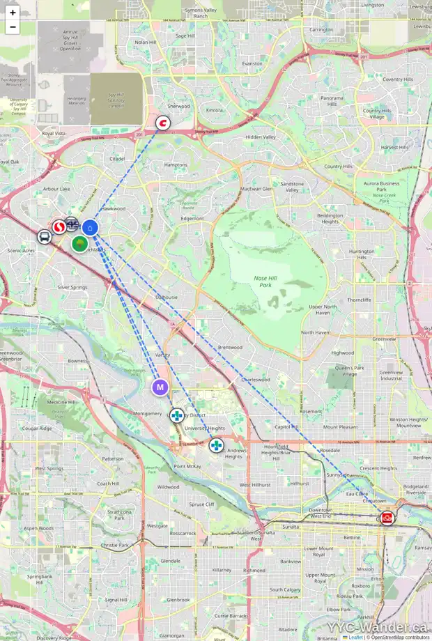 Daily accessibility map for 27 HAWKWOOD DR NW, Calgary showing nearby schools, grocery stores, parks, LRT stations and nearby amenities
