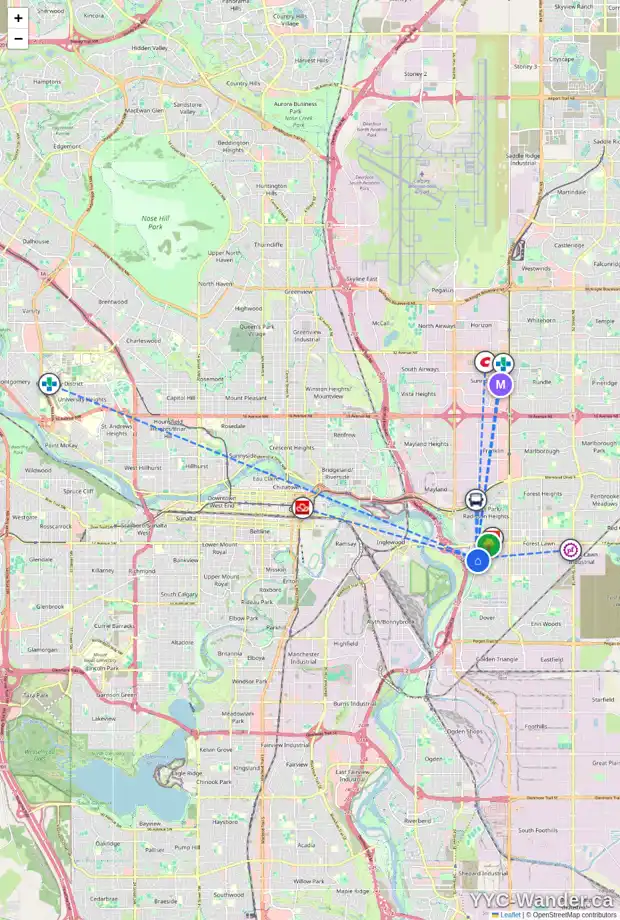 Daily accessibility map for 2049 27 ST SE, Calgary showing nearby schools, grocery stores, parks, LRT stations and nearby amenities