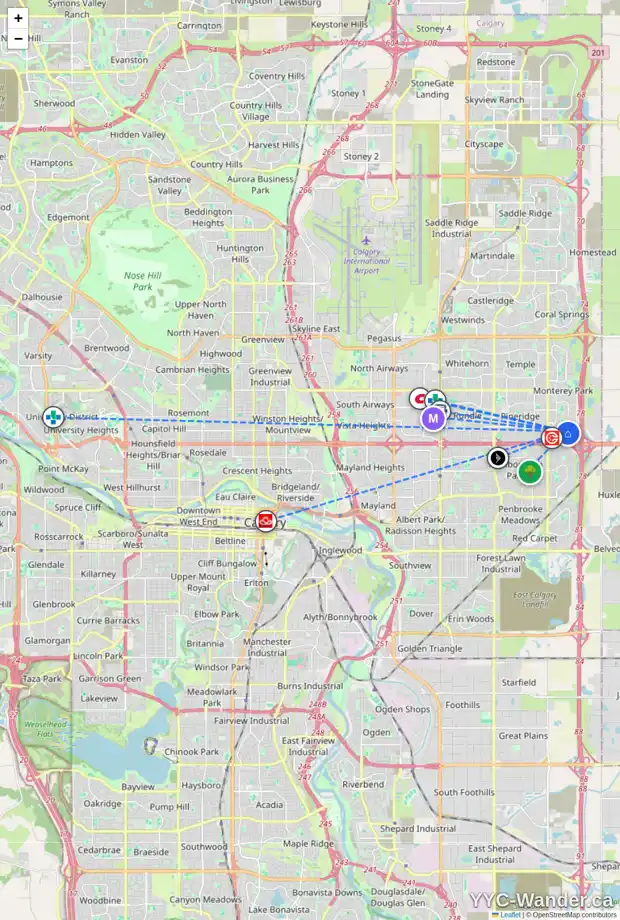 Daily accessibility map for 20 DEL RAY RD NE, Calgary showing nearby schools, grocery stores, parks, LRT stations and nearby amenities
