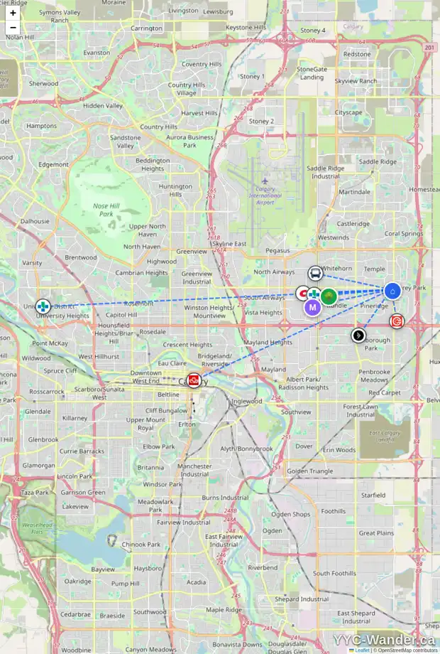 Daily accessibility map for 152 PINECLIFF WY NE, Calgary showing nearby schools, grocery stores, parks, LRT stations and nearby amenities