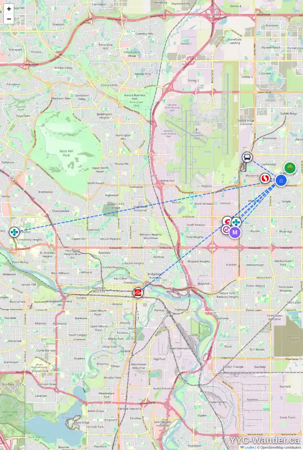 Daily accessibility map for 1192 FALCONRIDGE DR NE, Calgary showing nearby schools, grocery stores, parks, LRT stations and nearby amenities