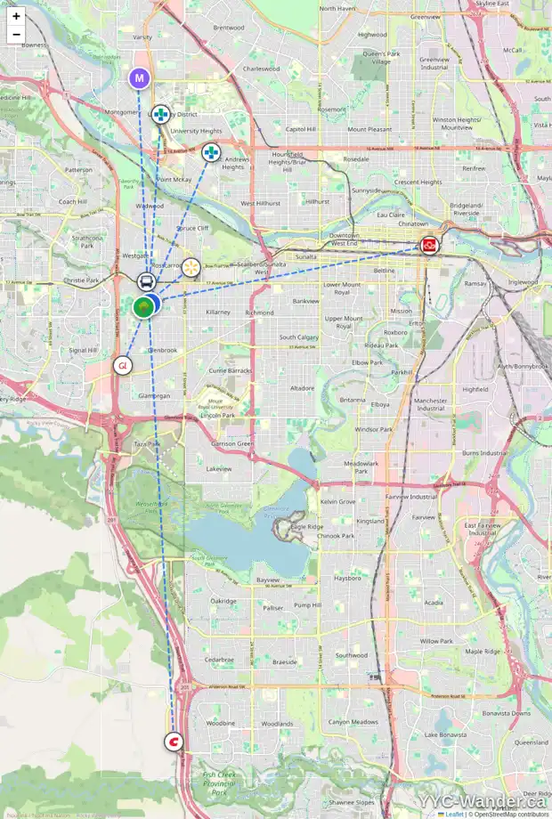 Daily accessibility map for 13 GLENVIEW CR SW, Calgary showing nearby schools, grocery stores, parks, LRT stations and nearby amenities