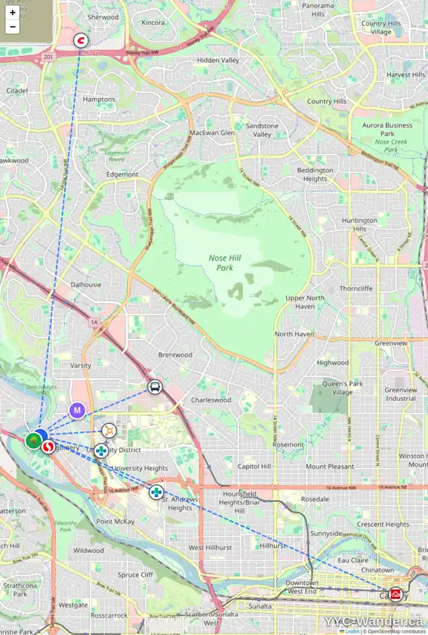 Daily accessibility map for 5221 17 AV NW, Calgary showing nearby schools, grocery stores, parks, LRT stations and nearby amenities