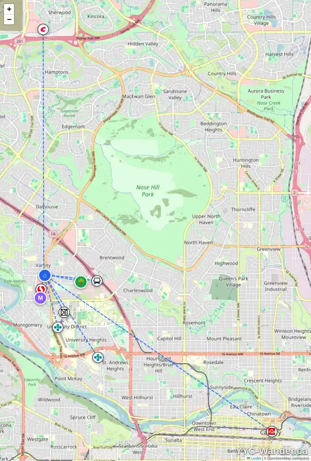 Daily accessibility map for 4812 40 AV NW, Calgary showing nearby schools, grocery stores, parks, LRT stations and nearby amenities