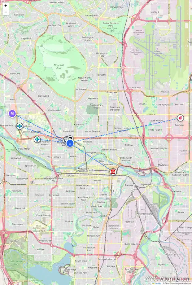 Daily accessibility map for 1315 16A ST NW, Calgary showing nearby schools, grocery stores, parks, LRT stations and nearby amenities