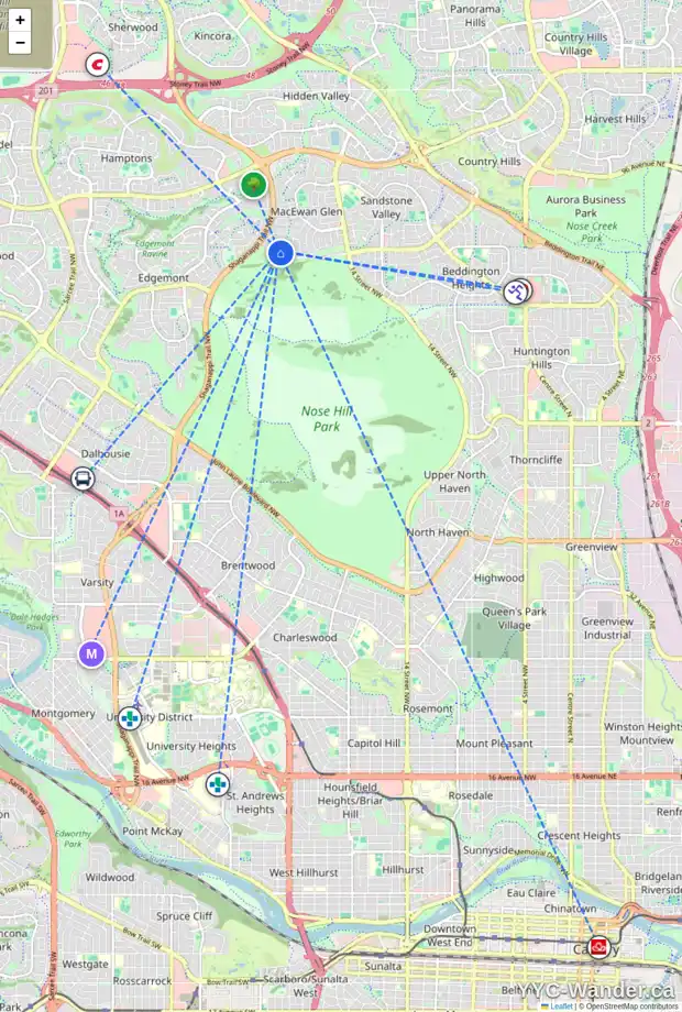 Daily accessibility map for 368 MACEWAN PARK VW NW, Calgary showing nearby schools, grocery stores, parks, LRT stations and nearby amenities
