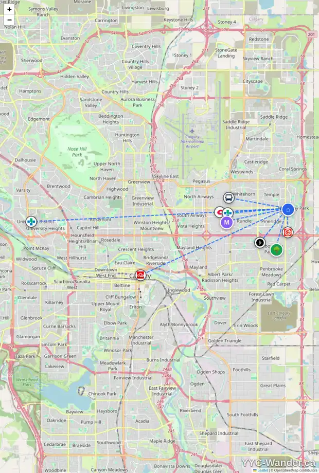 Daily accessibility map for 26 DEL MONICA VI NE, Calgary showing nearby schools, grocery stores, parks, LRT stations and nearby amenities