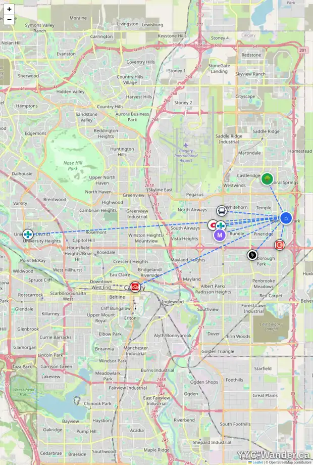 Daily accessibility map for 7081 LAGUNA WY NE, Calgary showing nearby schools, grocery stores, parks, LRT stations and nearby amenities