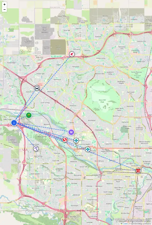 Daily accessibility map for 87 VALLEY BROOK CI NW, Calgary showing nearby schools, grocery stores, parks, LRT stations and nearby amenities