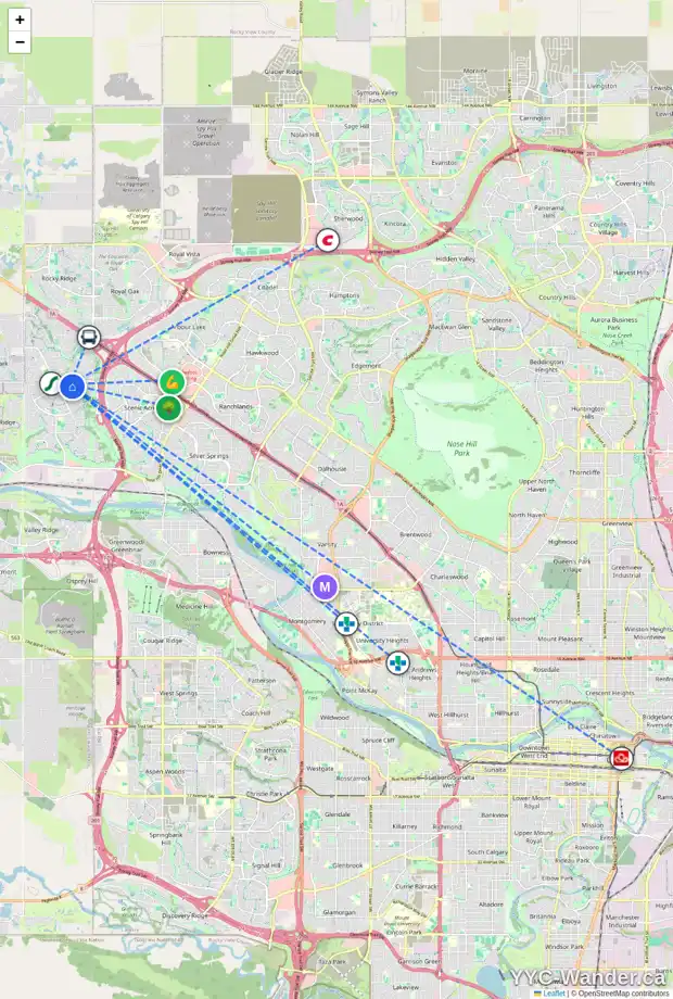 Daily accessibility map for 10 TUSCANY HILLS RD NW, Calgary showing nearby schools, grocery stores, parks, LRT stations and nearby amenities