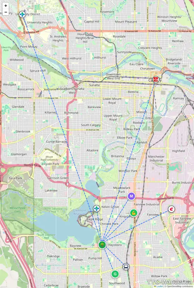 Daily accessibility map for 1432 89 AV SW, Calgary showing nearby schools, grocery stores, parks, LRT stations and nearby amenities