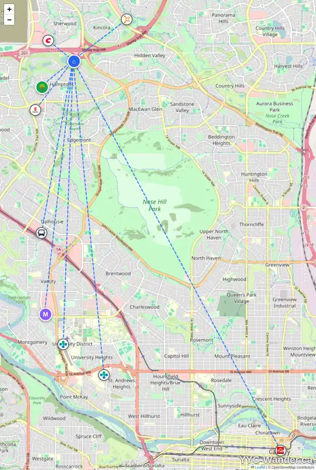 Daily accessibility map for 70 HAMPTONS BA NW, Calgary showing nearby schools, grocery stores, parks, LRT stations and nearby amenities