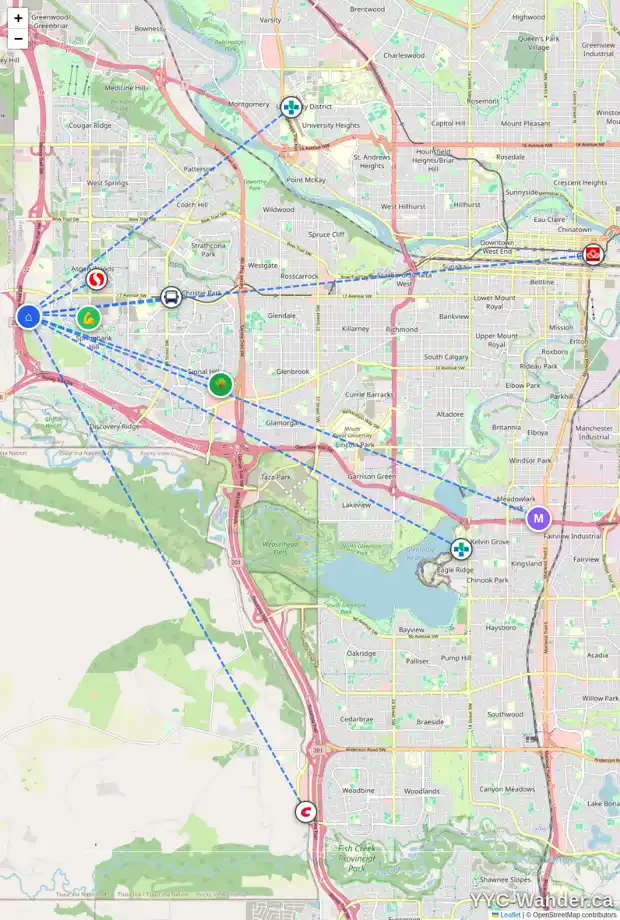 Daily accessibility map for 42 SLOPEVIEW DR SW, Calgary showing nearby schools, grocery stores, parks, LRT stations and nearby amenities
