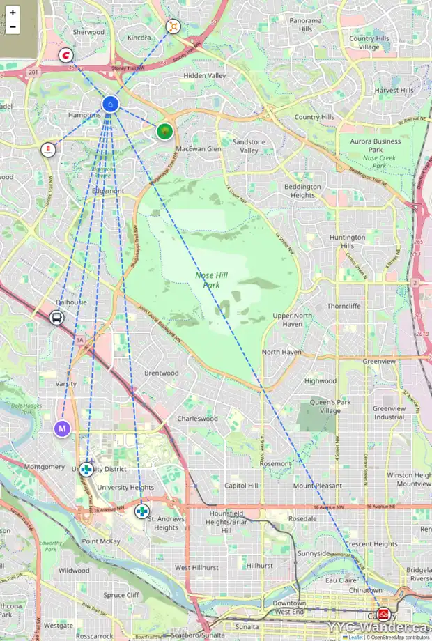 Daily accessibility map for 77 HAMPTONS LI NW, Calgary showing nearby schools, grocery stores, parks, LRT stations and nearby amenities