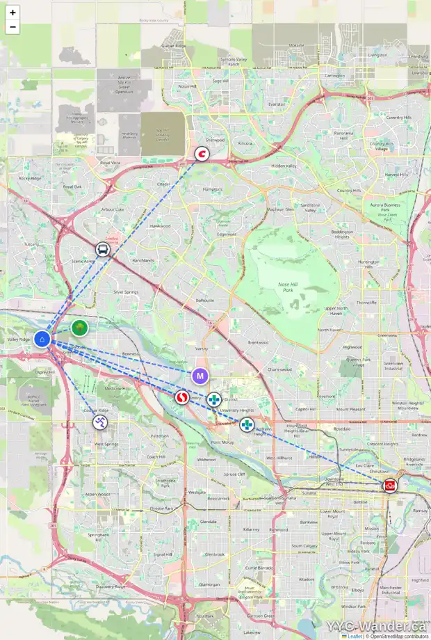 Daily accessibility map for 198 VALLEY GLEN HT NW, Calgary showing nearby schools, grocery stores, parks, LRT stations and nearby amenities