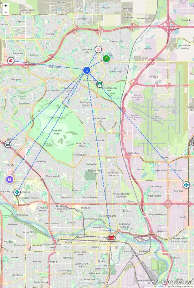 Daily accessibility map for 732 PANORAMA HILLS DR NW, Calgary showing nearby schools, grocery stores, parks, LRT stations and nearby amenities