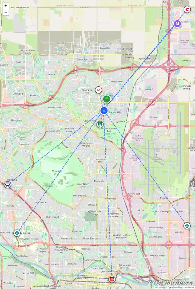 Daily accessibility map for 112 COUNTRY HILLS DR NW, Calgary showing nearby schools, grocery stores, parks, LRT stations and nearby amenities