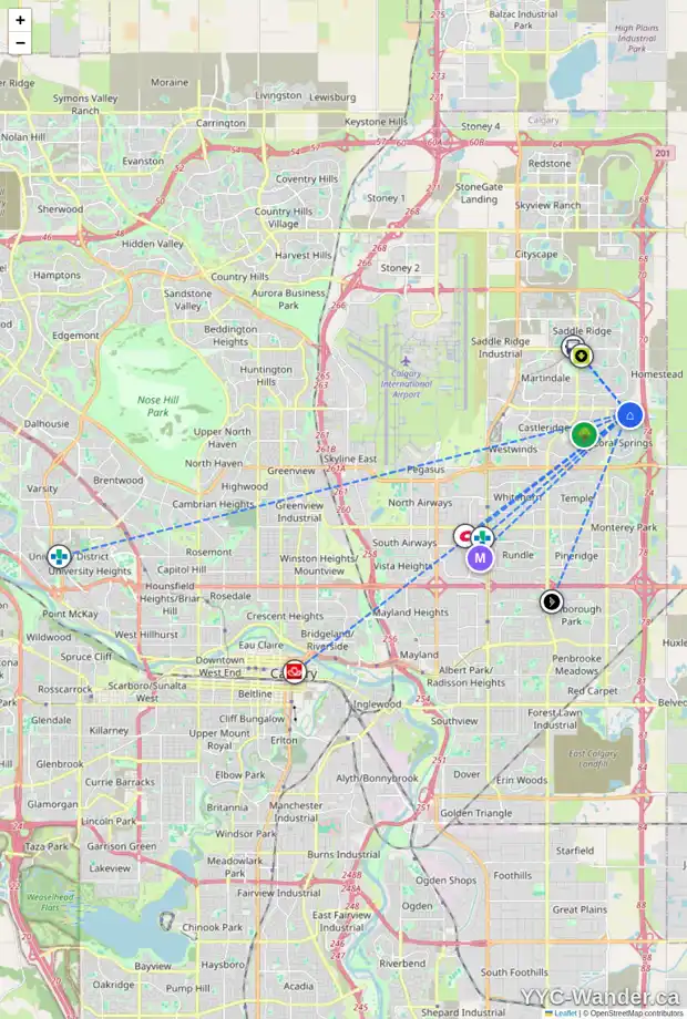 Daily accessibility map for 42 CORAL SPRINGS CO NE, Calgary showing nearby schools, grocery stores, parks, LRT stations and nearby amenities