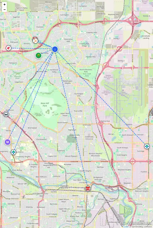 Daily accessibility map for 77 HIDDEN CREEK PA NW, Calgary showing nearby schools, grocery stores, parks, LRT stations and nearby amenities