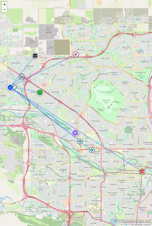 Daily accessibility map for 208 TUSCANY RIDGE VW NW, Calgary showing nearby schools, grocery stores, parks, LRT stations and nearby amenities