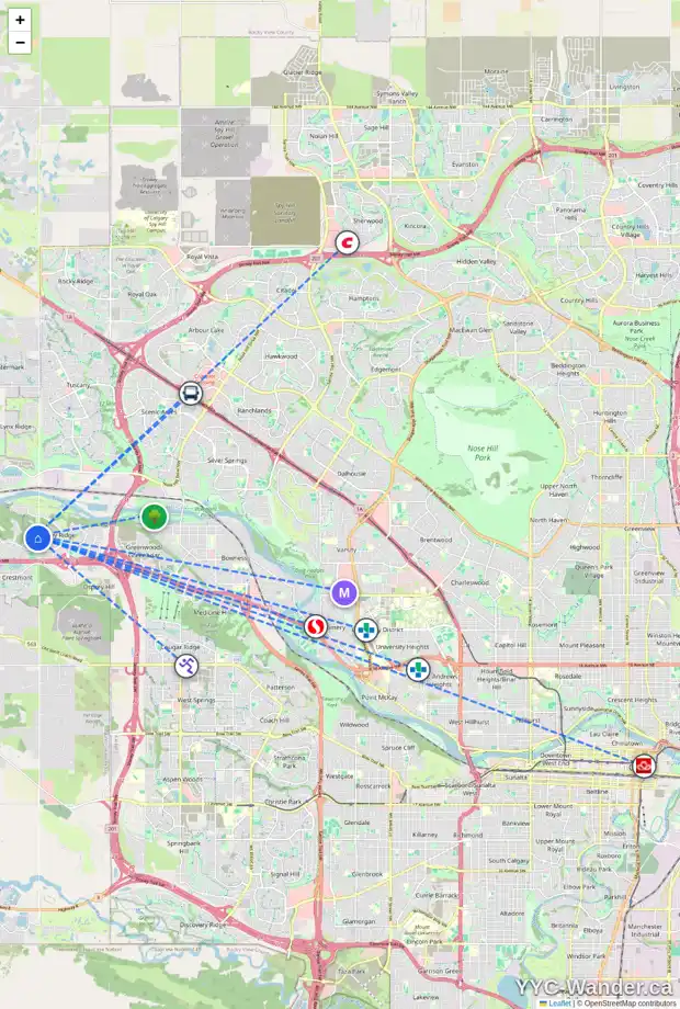 Daily accessibility map for 89 VALLEY CREEK RD NW, Calgary showing nearby schools, grocery stores, parks, LRT stations and nearby amenities